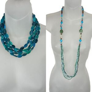Vintage Chunky Green Blue Necklace Set Of 2 Emerald Teal Aqua Wood Beads Stones‎